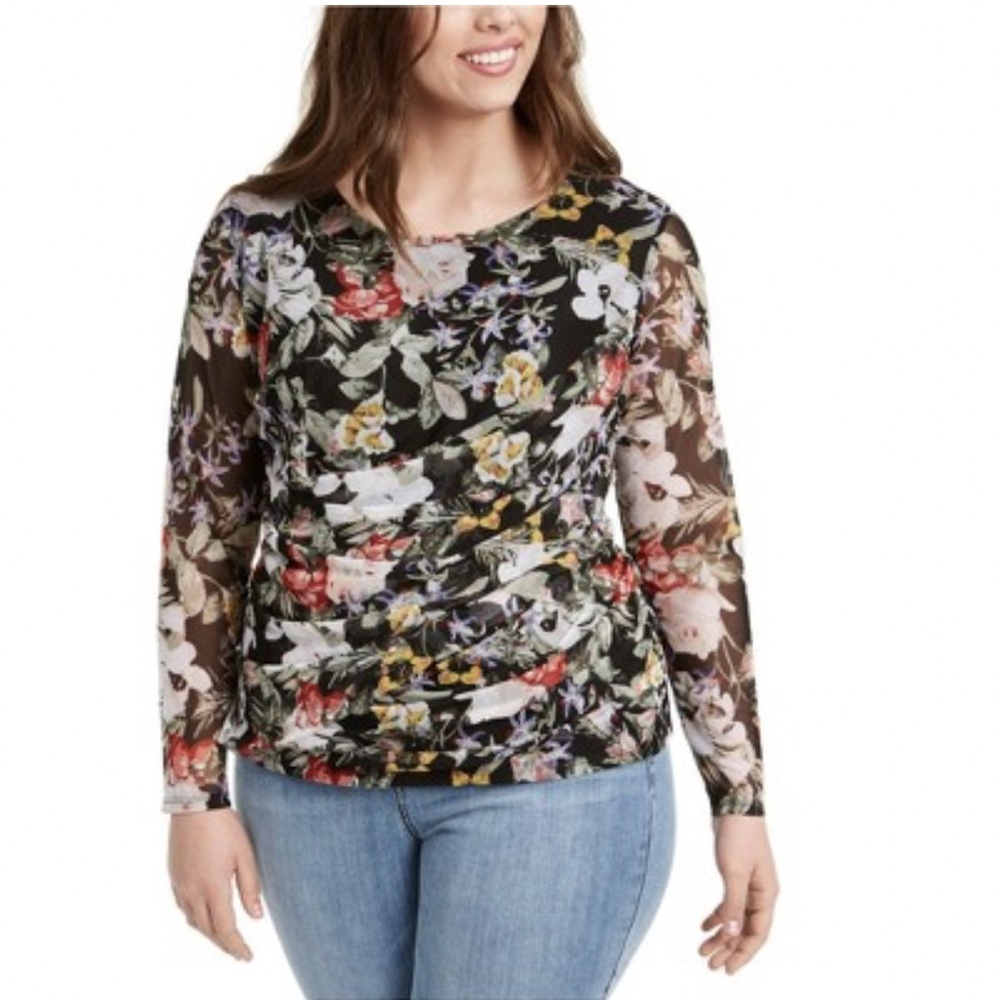 I.N.C‎ International Concepts Long-Sleeve Wrap Floral Pullover Blouse Black 2X